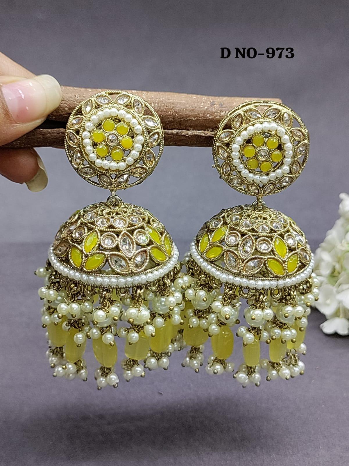 Polki Jhumki Earring Mahndi Sku 973 A3 - rchiecreation