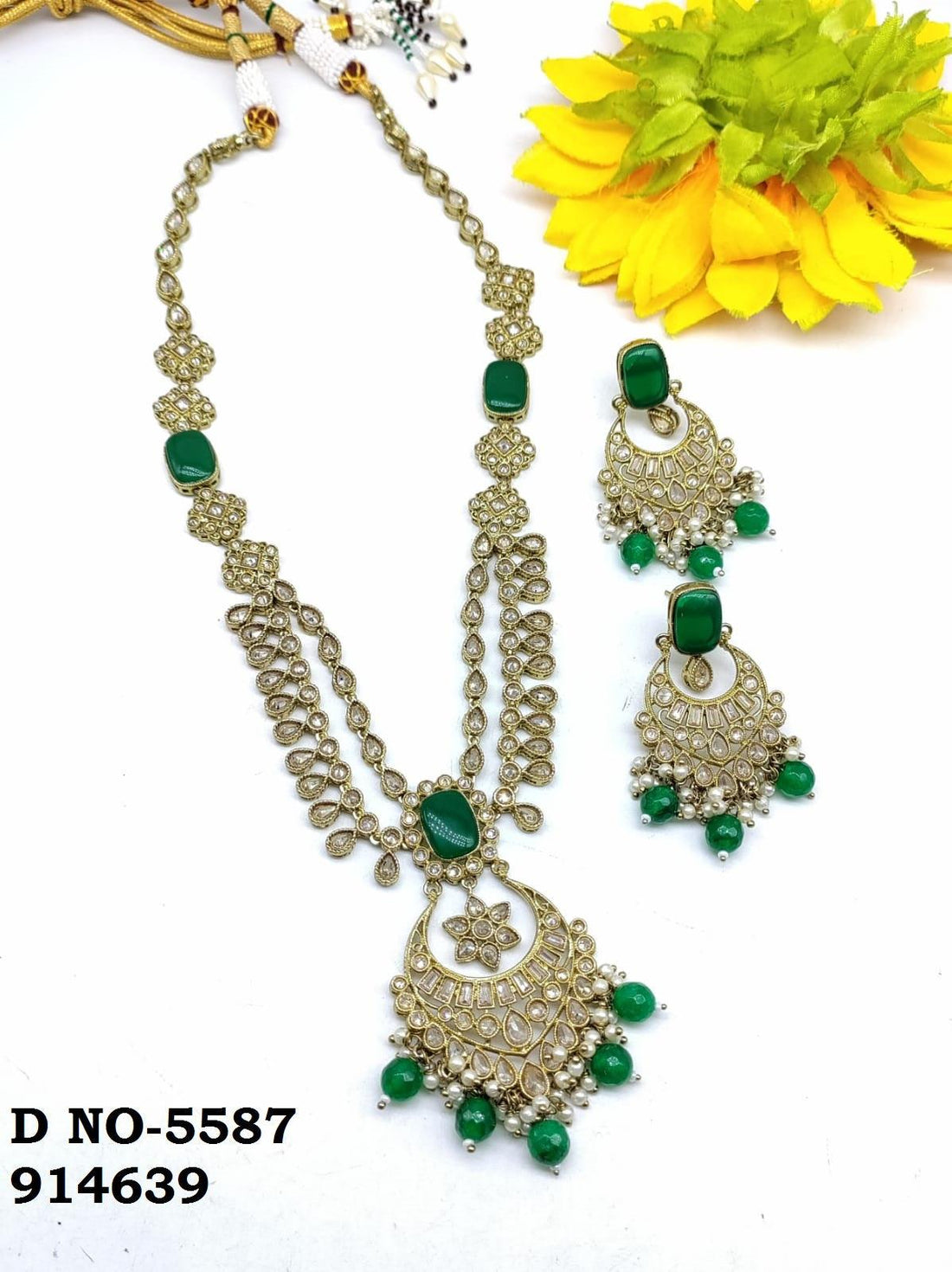 Polki Long Necklace Mehndi Set Sku-5587 B3 - rchiecreation