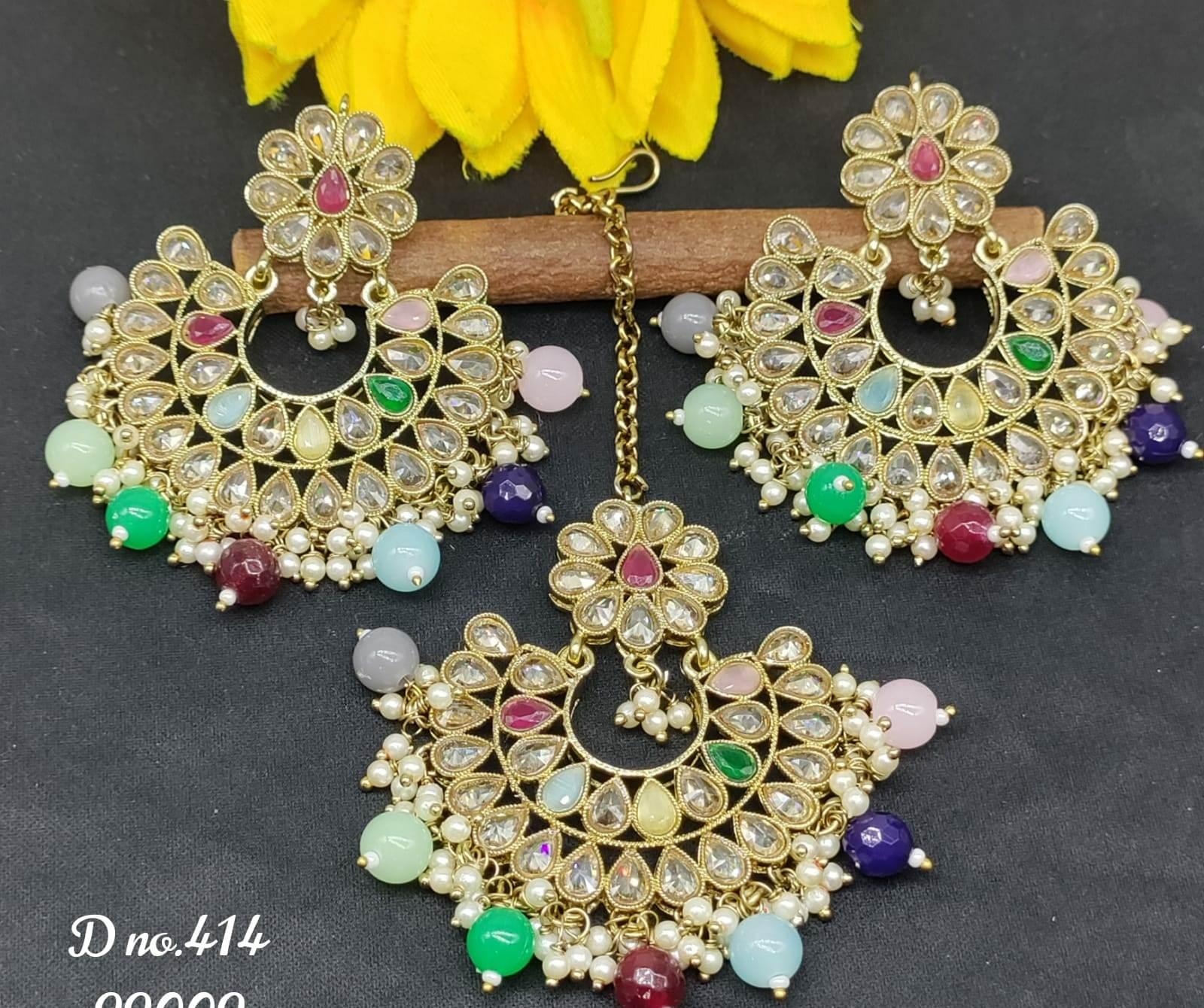 Polki Mehandi Earing+Tika Sku-414 E1 - rchiecreation