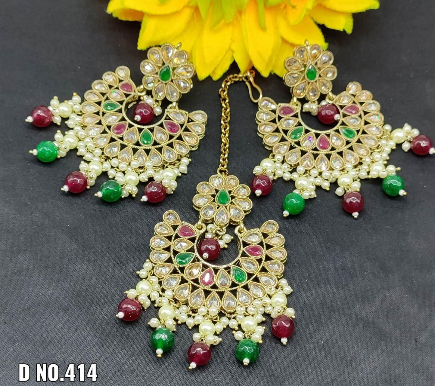 Polki Mehandi Earing+Tika Sku-414 E1 - rchiecreation