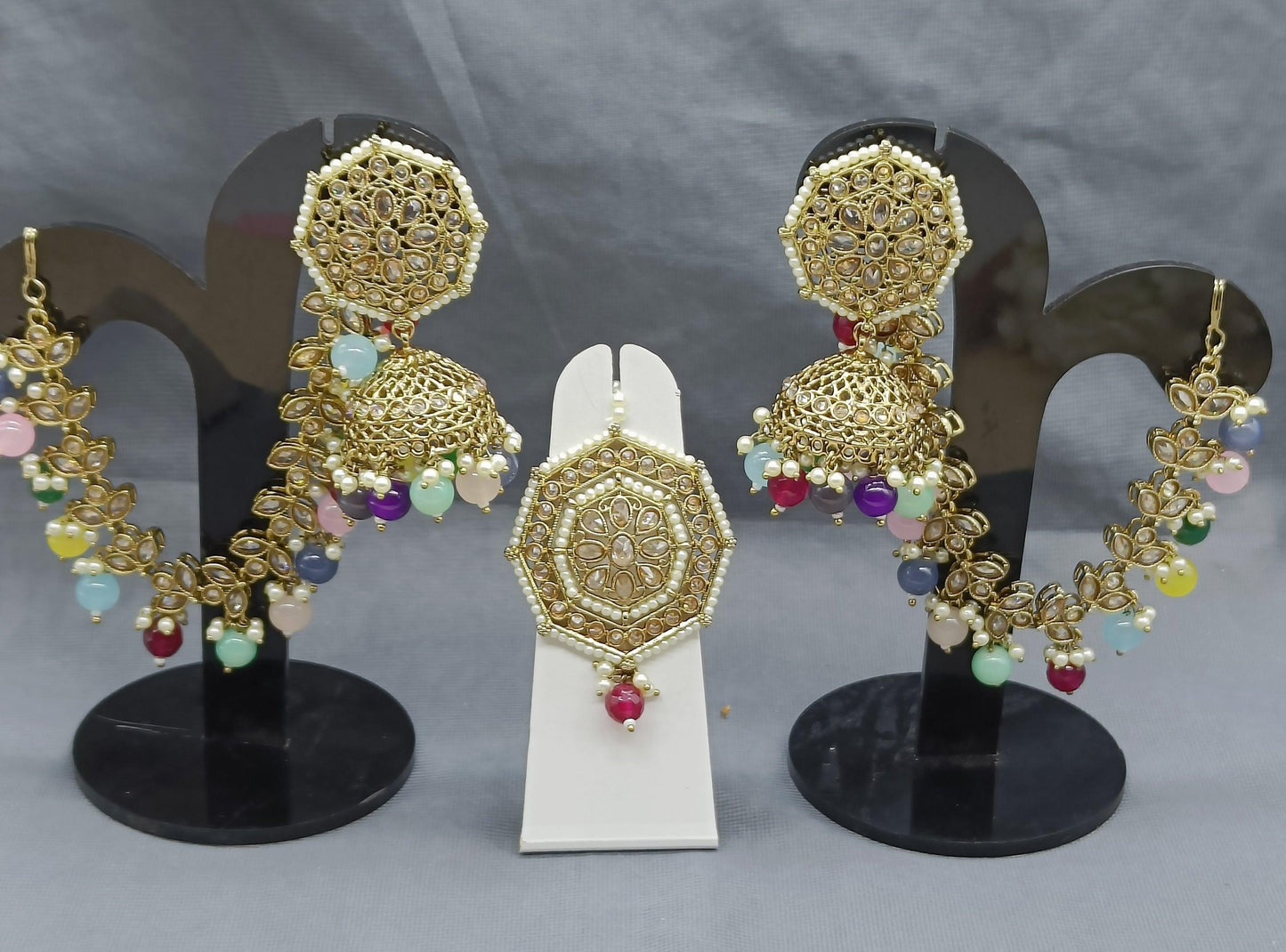 Polki Mehndi Bahubali Earring & Tica Sku 924 A4 - rchiecreation