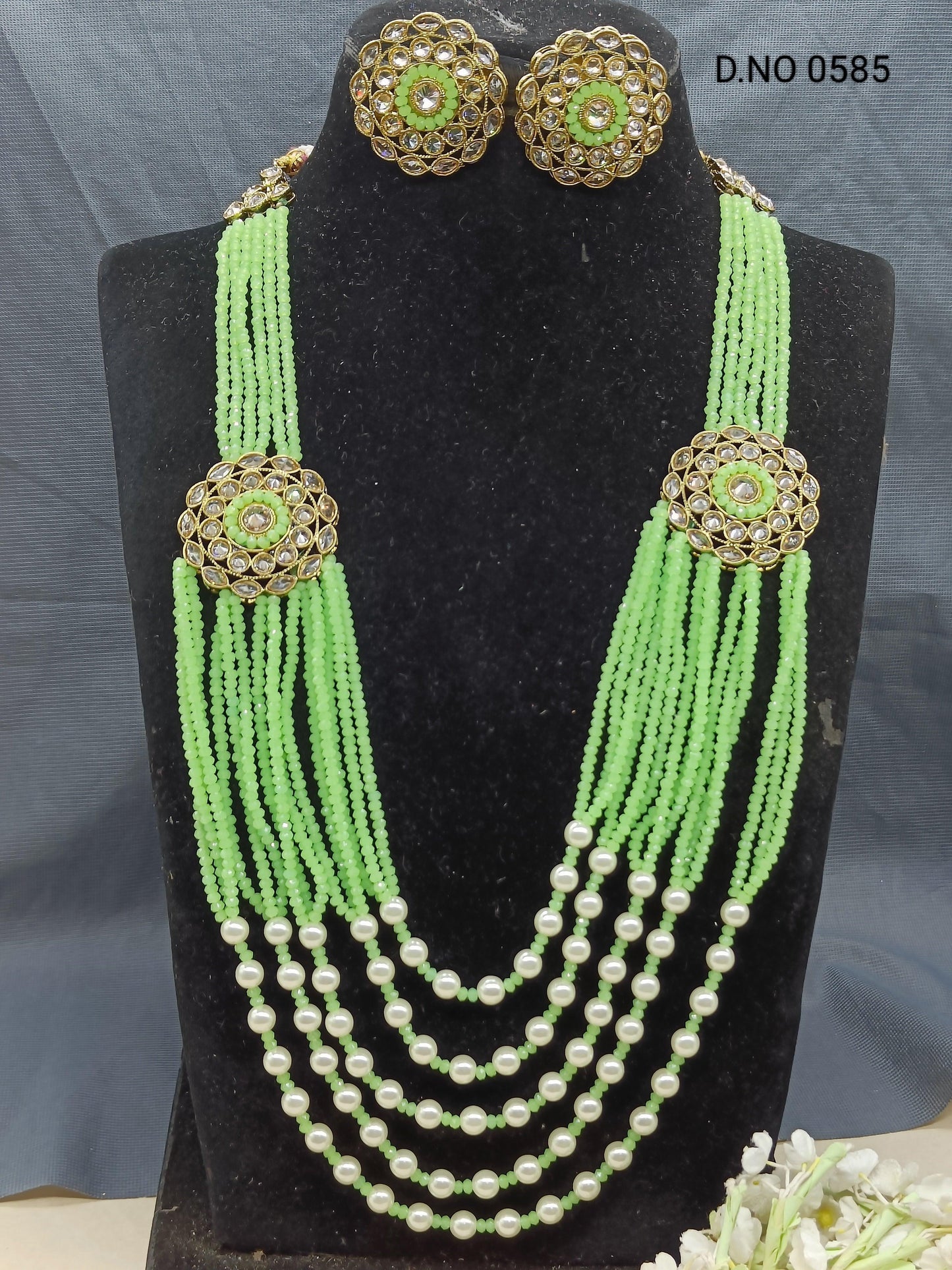 Polki Pearl Necklace Mehandi Set Sku 0585 E4 - rchiecreation