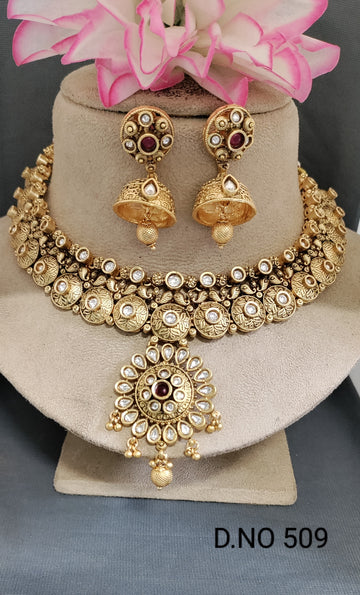Rajwadi Golden Kundan Necklace Set Sku 509 D-3