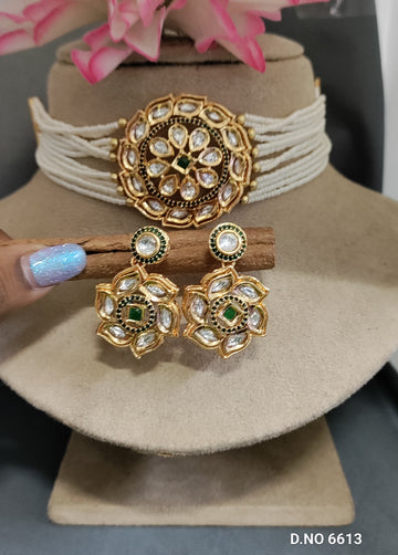 Golden Kundan Choker Necklace set Sku 6613 D-3