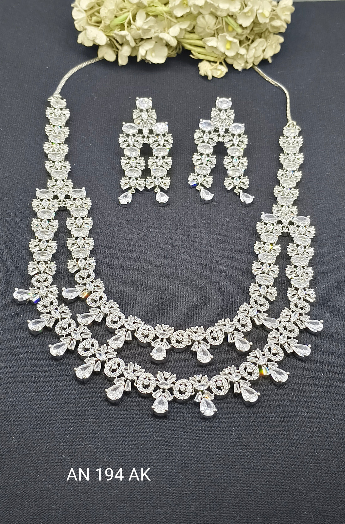 Cz Ad Rodium Long Necklace Set SKU-AN 194 AK C-6
