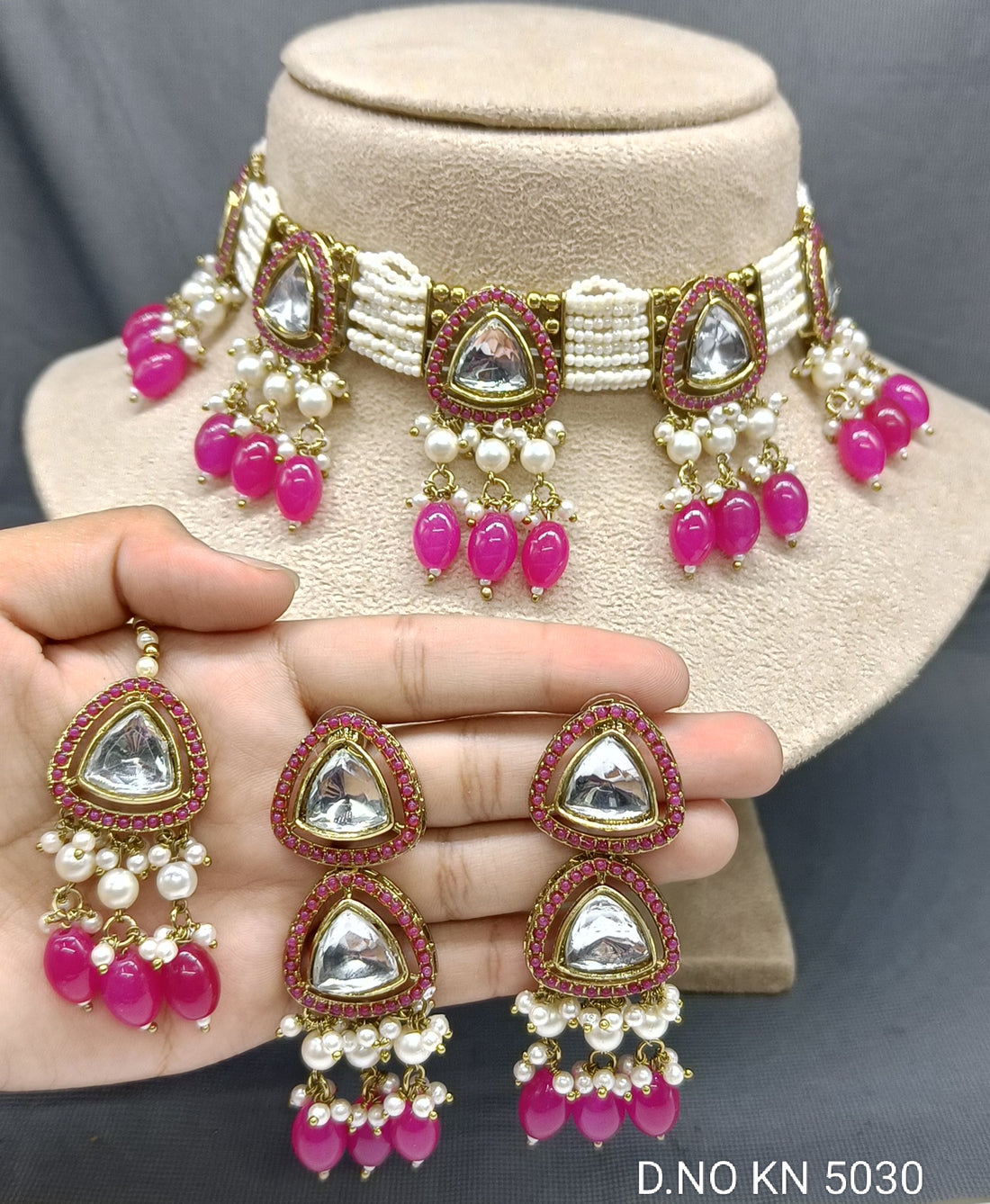 Pearl Kundan Mehandi Choker Necklace Set Sku-KN 5030 SP/B-2