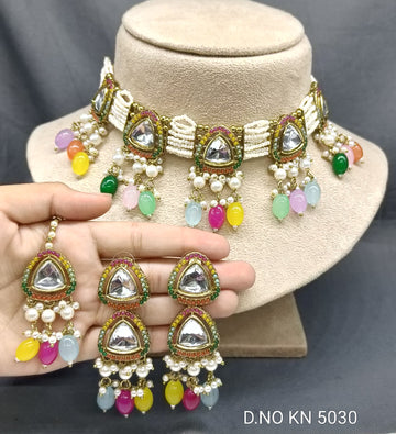 Pearl Kundan Mehandi Choker Necklace Set Sku-KN 5030 SP/B-2
