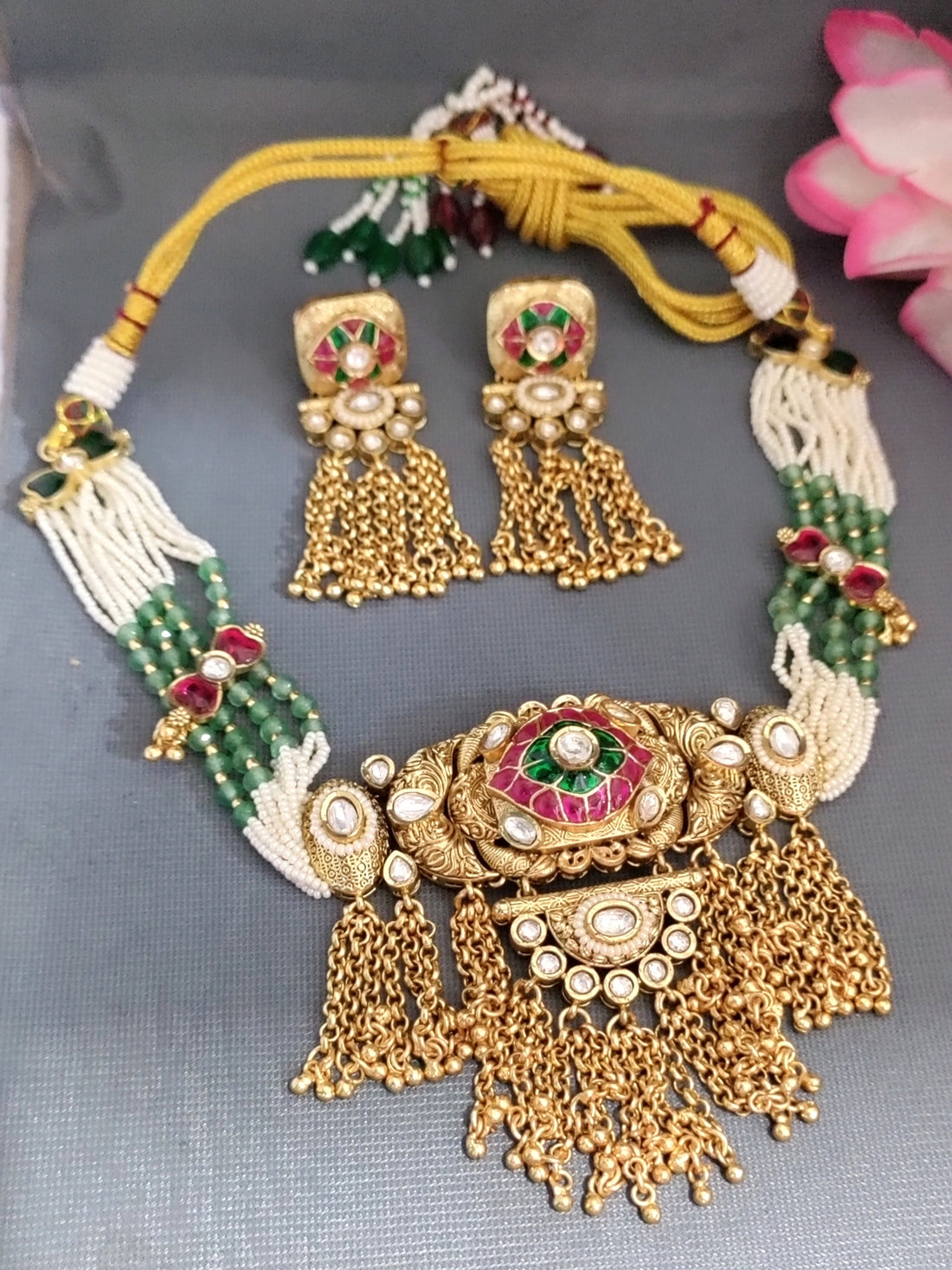 Antique Golden Pearl Kundan choker Set SKU AN  243 MA/D-4