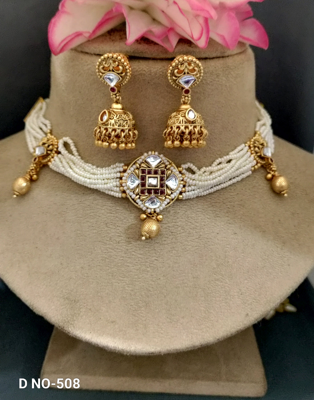 Antique Golden Kundan Necklace Set Sku 508 D-3