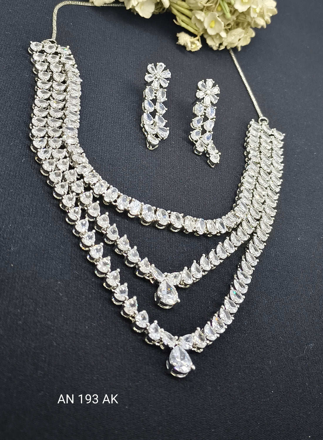 Cz Ad Rodium Long Necklace Set SKU-AN 193 AK C-6