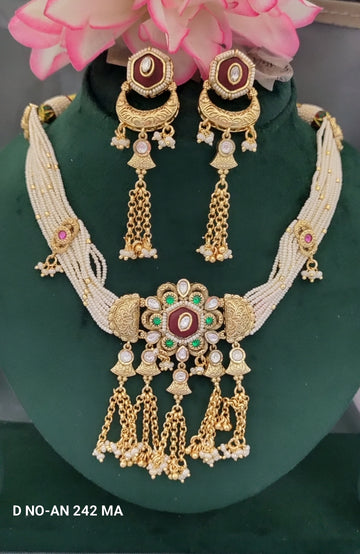 Antique Golden Pearl Kundan choker Set SKU AN  242 MA/D-4
