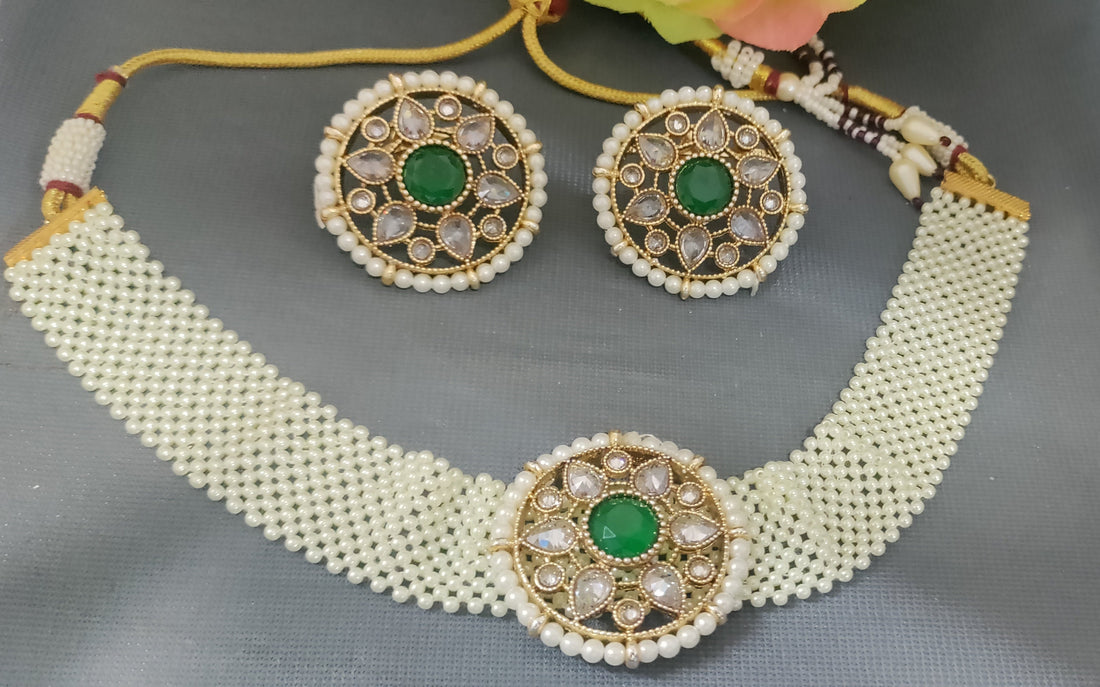 Golden Polki Choker Necklace Sku-1564 D-4