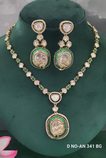 Mehandi Moissanite Kundan Necklace Set Sku AN 341 BG/D-4
