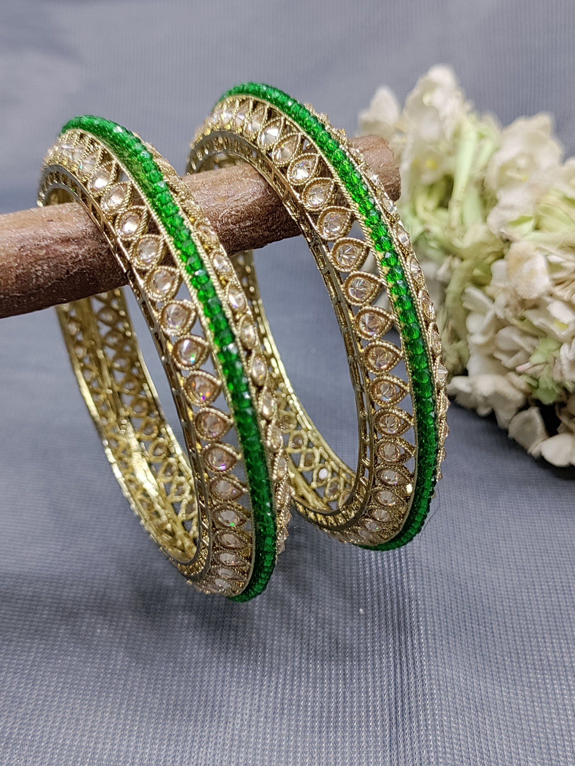 Mehandi Green Pearl Polki Bangle SKU-3317 rchiecreation