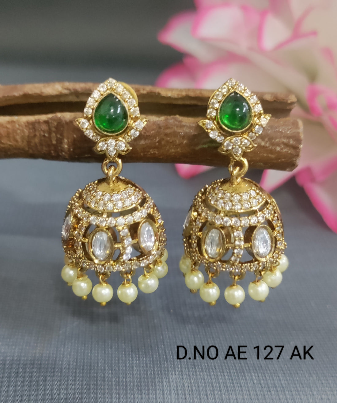 Cz Ad Moissanite Mehandi Jhumki Earring Sku AE 127 AK/C-9