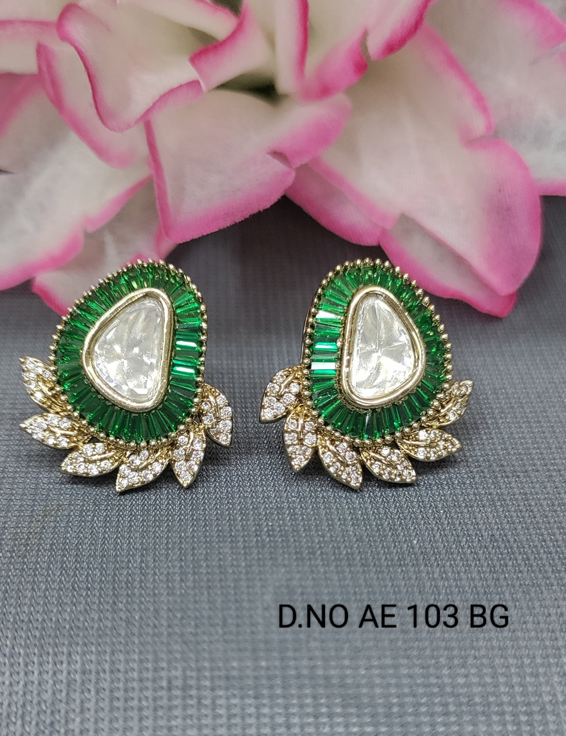 Cz Ad Moissanite Mehandi Tops & Stud Earrings Sku AE 103 BG/C9
