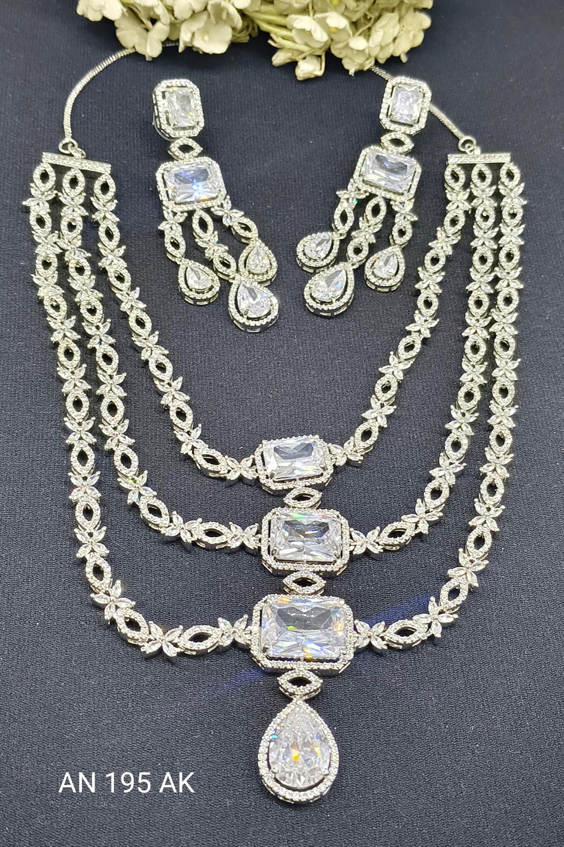 Cz Ad Rodium Long Necklace Set SKU-AN 195 AK C-6