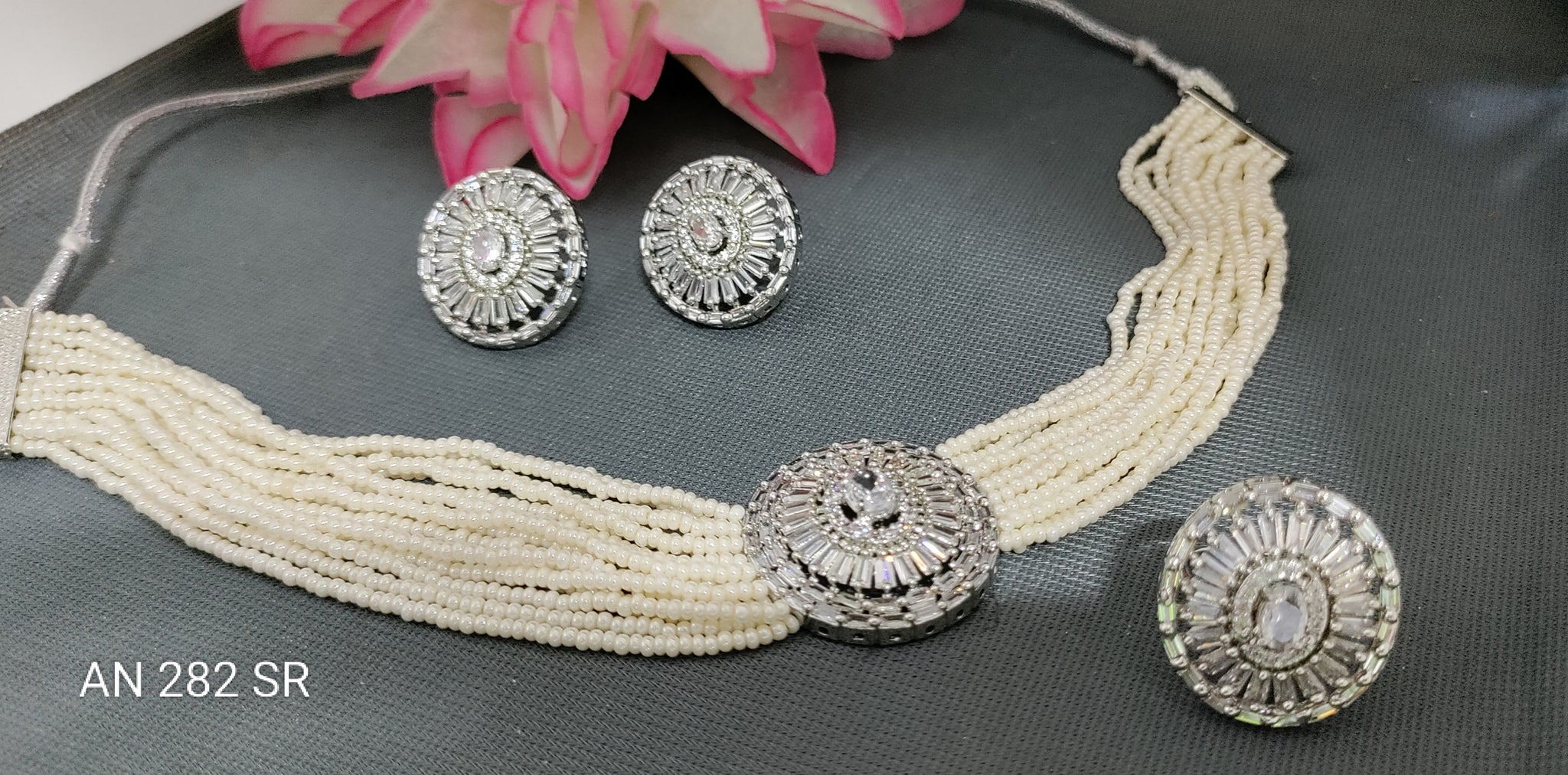 Cz Ad Rodium Choker Necklace Set Sku AN 282 C-7