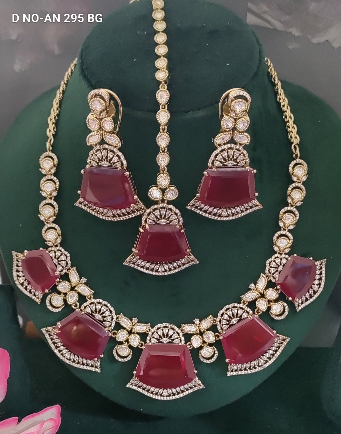 Mehandi CZ Mossinaite kundan Necklace  sku AN 295 BG/D-4