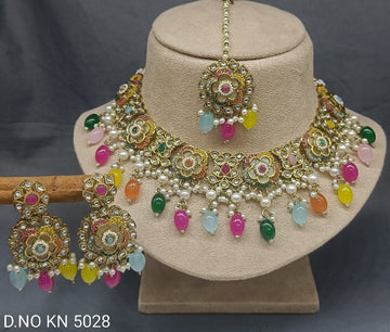 Pearl Kundan Mehandi Necklace Set Sku-KN 5028 SP/B-2
