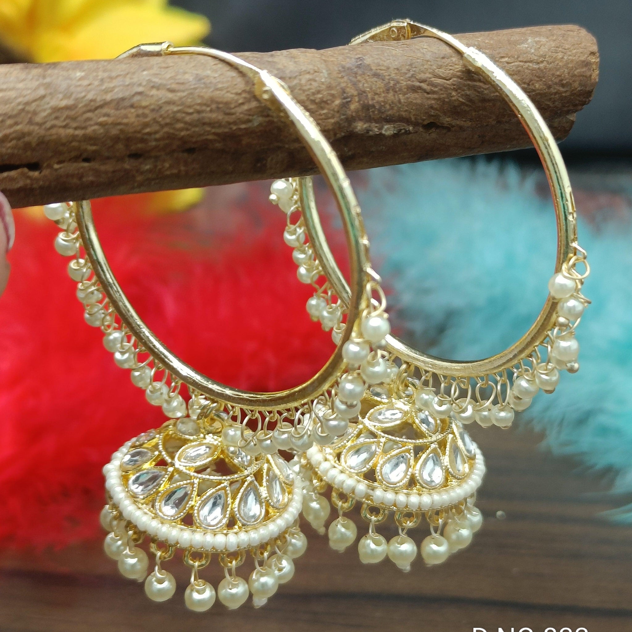 Kundan Earring Golden  Hoop Jhumki Sku- 833 E3