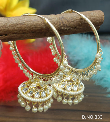 Kundan Earring Golden  Hoop Jhumki Sku- 833 E3