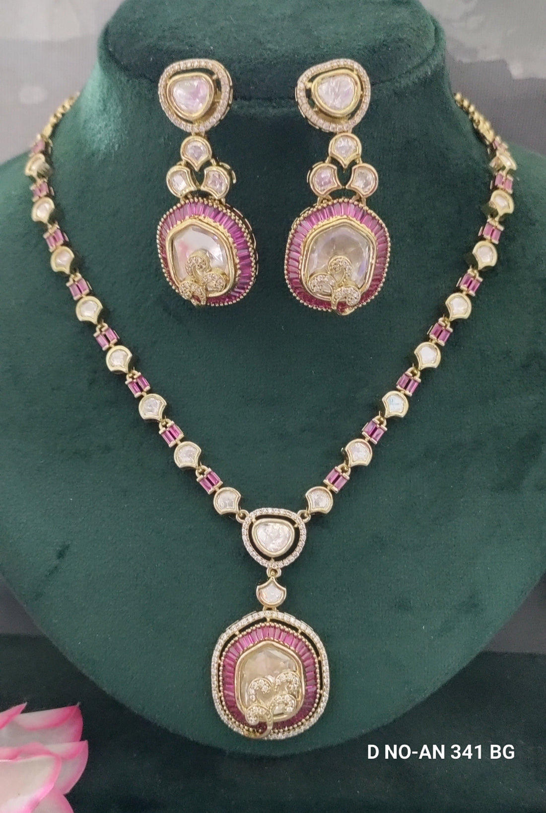 Mehandi Moissanite Kundan Necklace Set Sku AN 341 BG/D-4