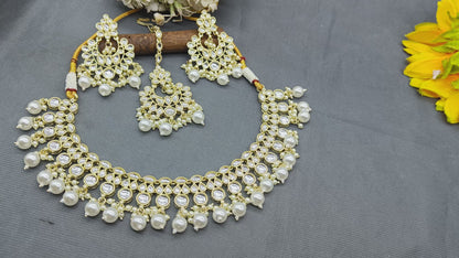 Golden Kundan Necklace  tikka Set Sku-6011 D4