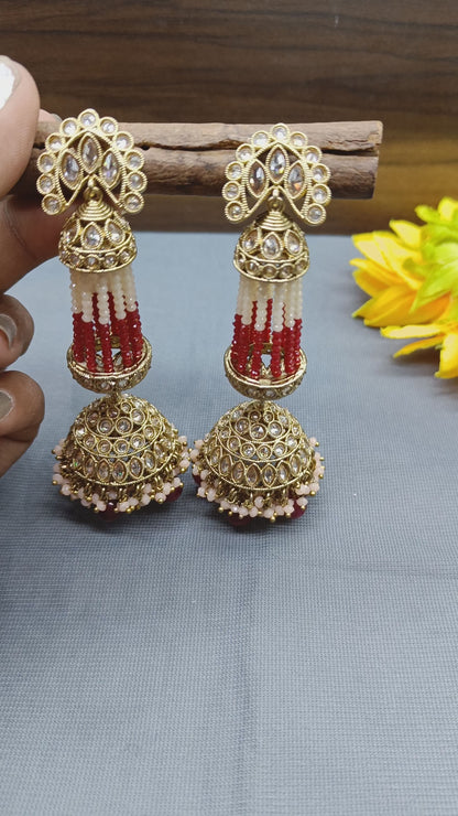 Polki Earring Long Jhumki Mehndi Sku-449 A3