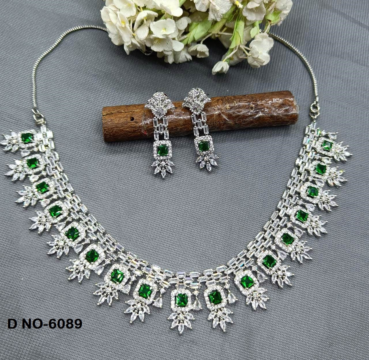 American Diamond Necklace Rodium Sku -6089 C3