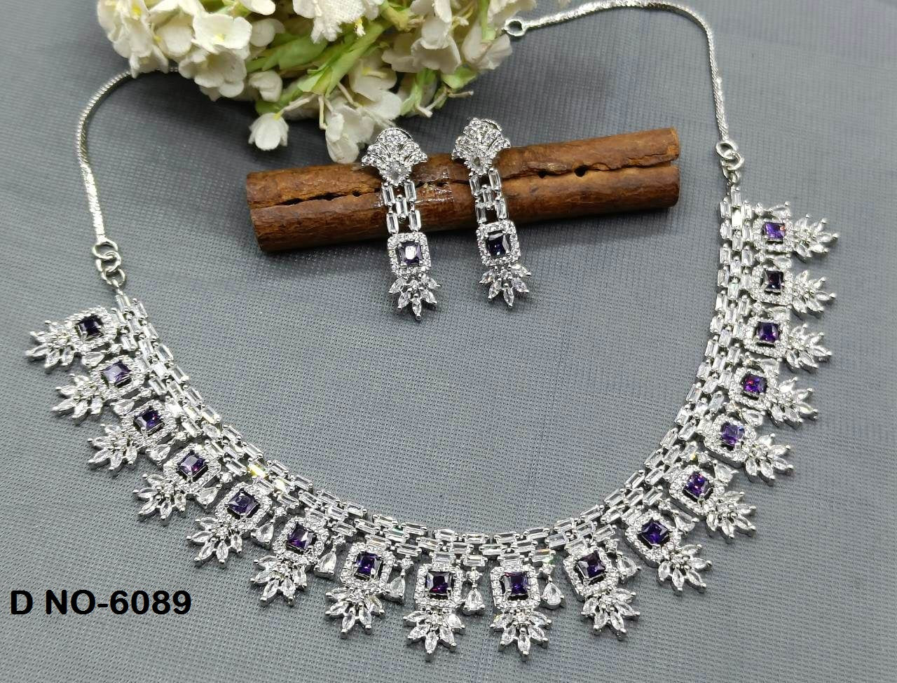 American Diamond Necklace Rodium Sku -6089 C3