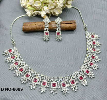 American Diamond Necklace Rodium Sku -6089 C3