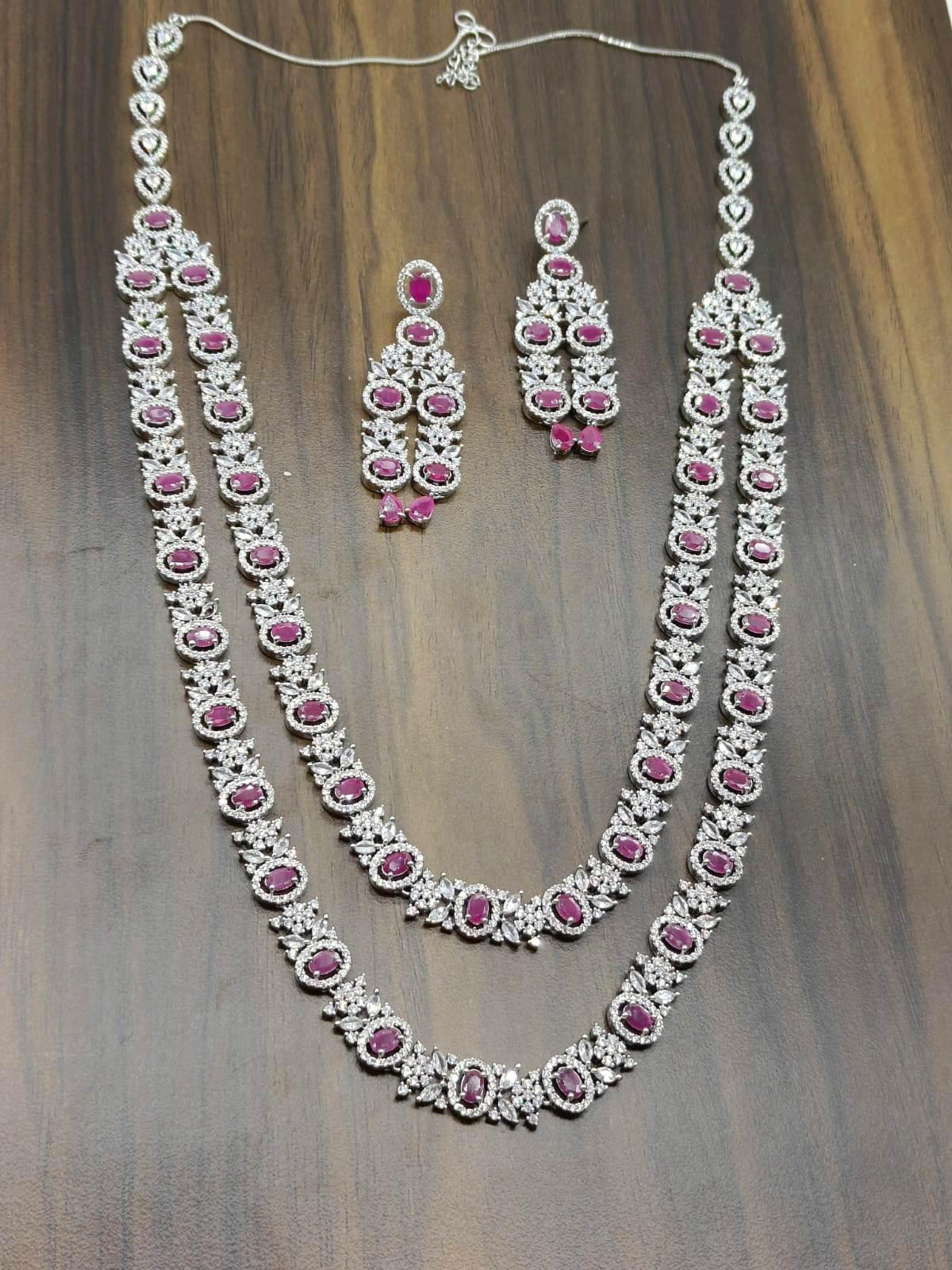 American Diamond Necklace Rodium Sku-6017 C3 - rchiecreation
