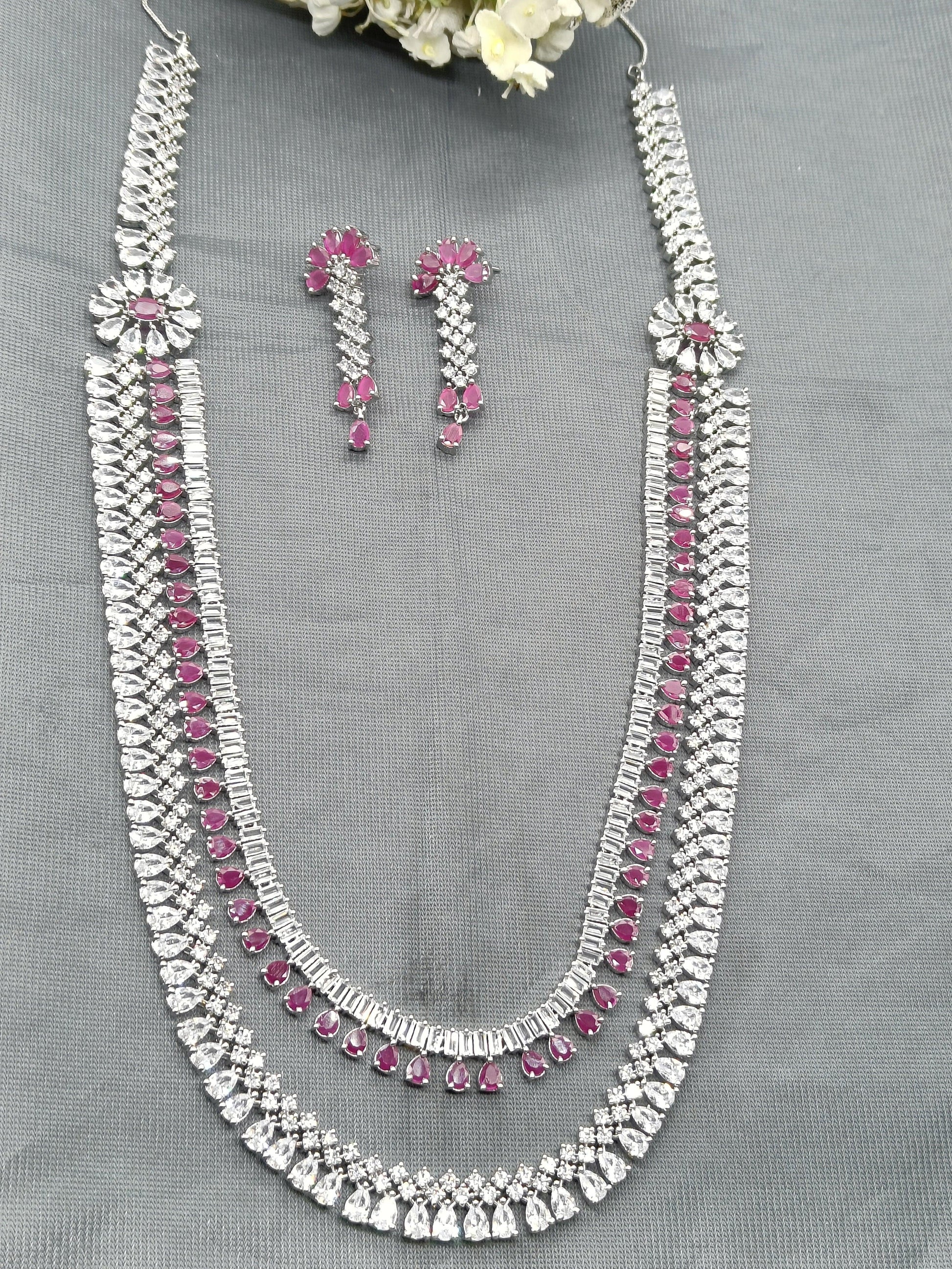 American Diamond Necklace Rodium Sku-6019 C3 - rchiecreation