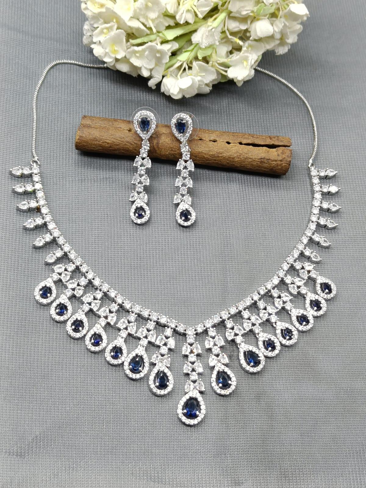 American Diamond Necklace Rodium Sku-6020 C3 - rchiecreation