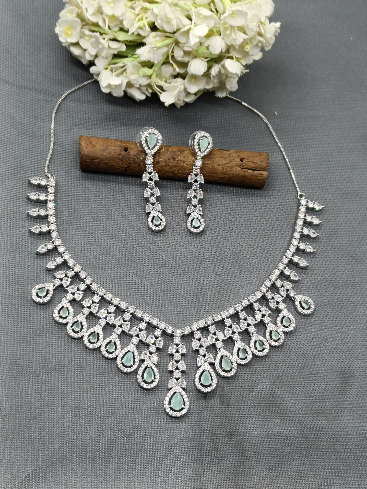 American Diamond Necklace Rodium Sku-6020 C3 - rchiecreation