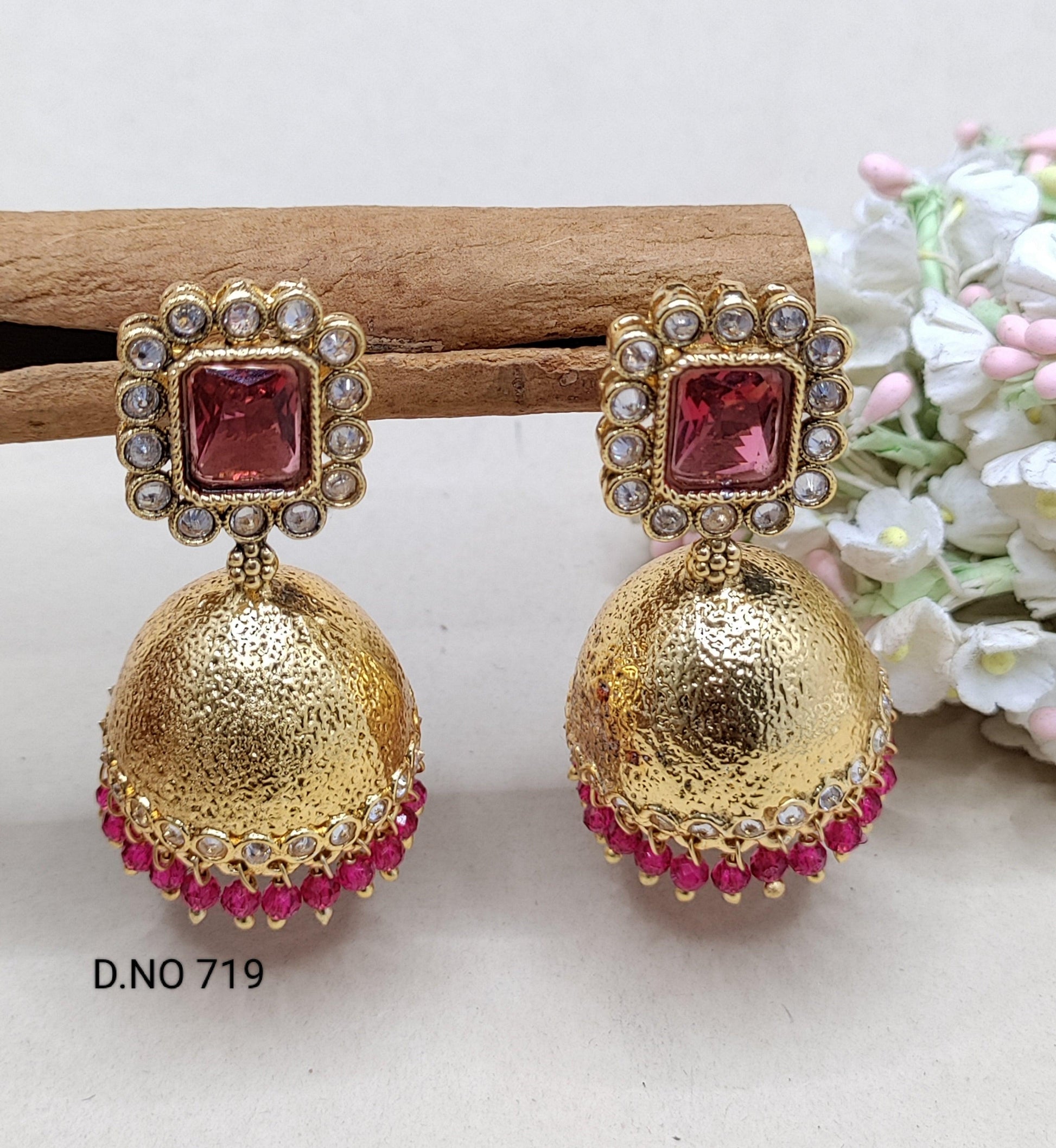 Antique Golden Jhumki Earrings Sku 719 D3 - rchiecreation