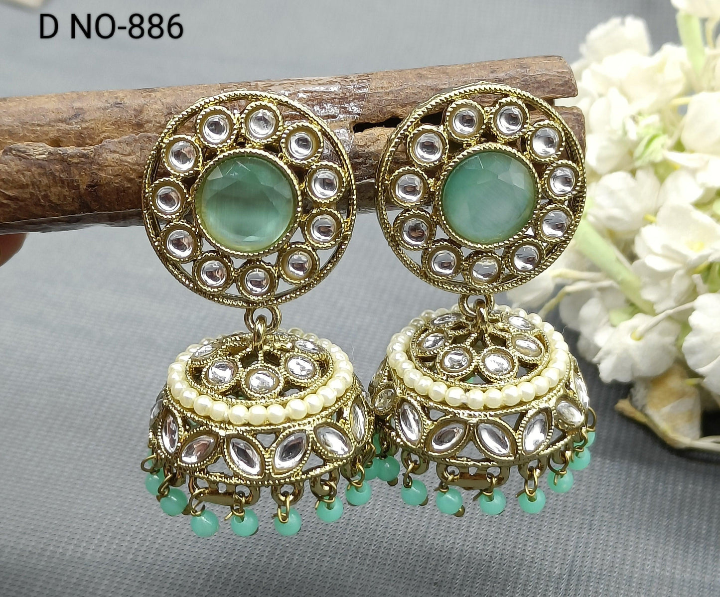 Antique Golden Kundan Jhumki Earrings Sku-886 A4 - rchiecreation
