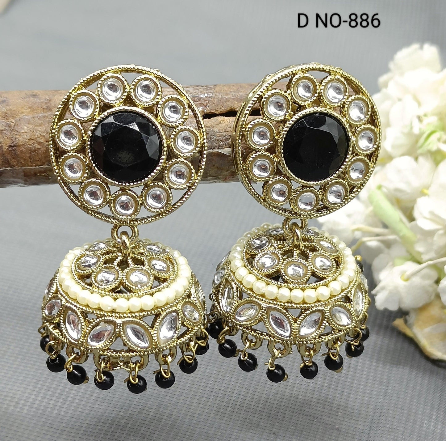 Antique Golden Kundan Jhumki Earrings Sku-886 A4 - rchiecreation