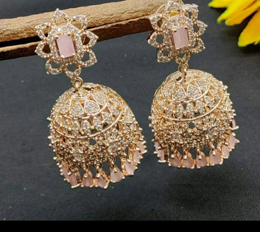 Cz Ad Earrings Jhumki Rosegold Sku-495 C1 - rchiecreation