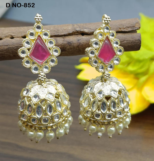 Golden Kundan Jhumki Earring Sku-852 A4 - rchiecreation