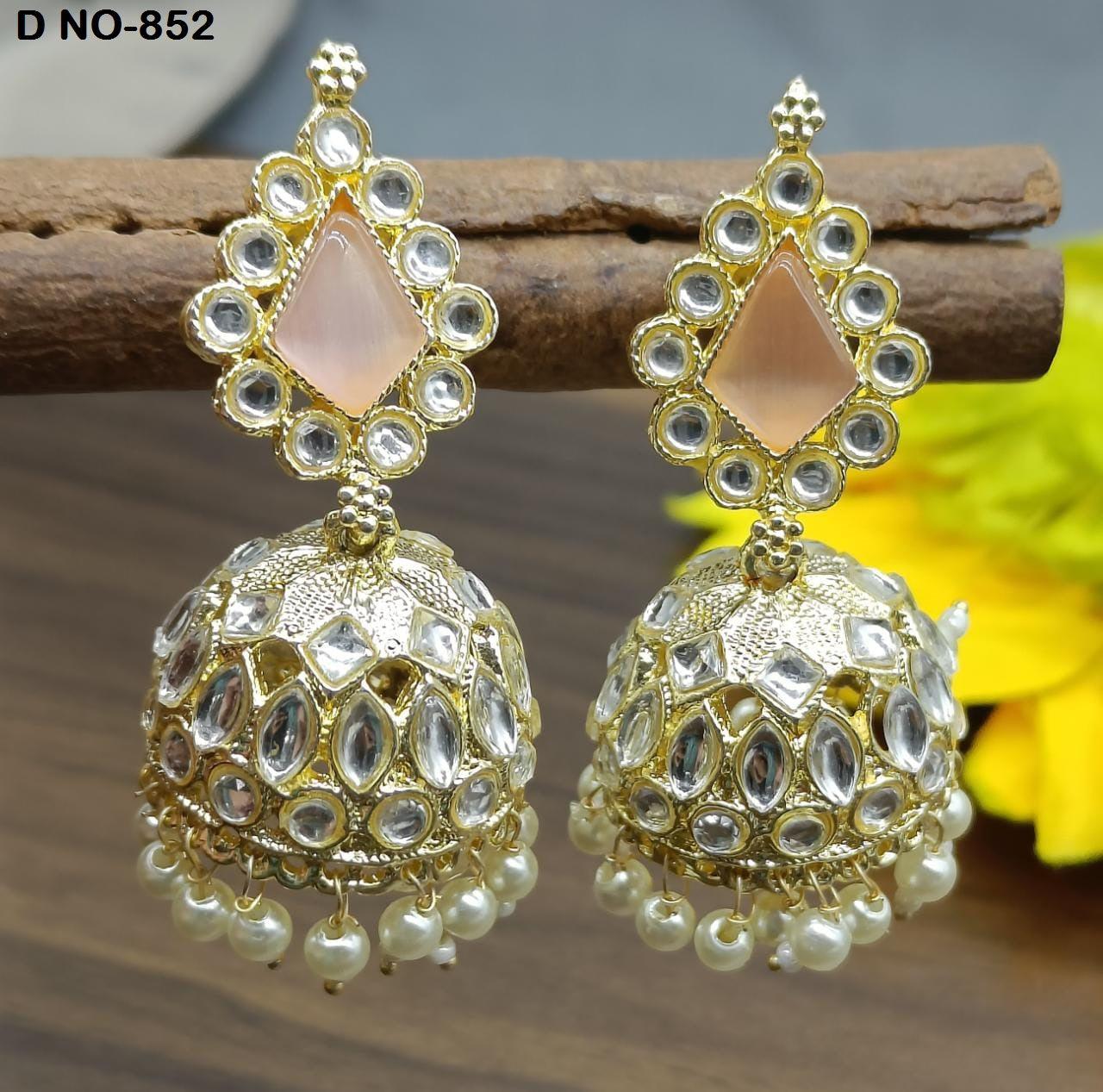 Golden Kundan Jhumki Earring Sku-852 A4 - rchiecreation