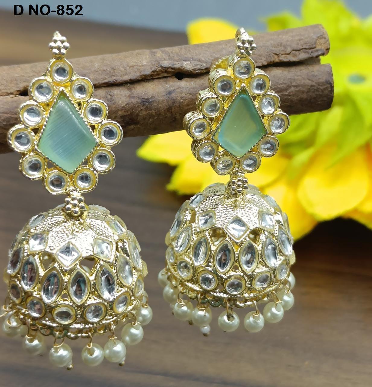 Golden Kundan Jhumki Earring Sku-852 A4 - rchiecreation