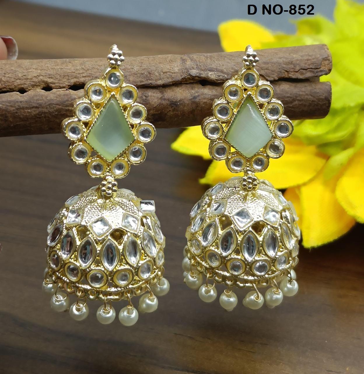 Golden Kundan Jhumki Earring Sku-852 A4 - rchiecreation