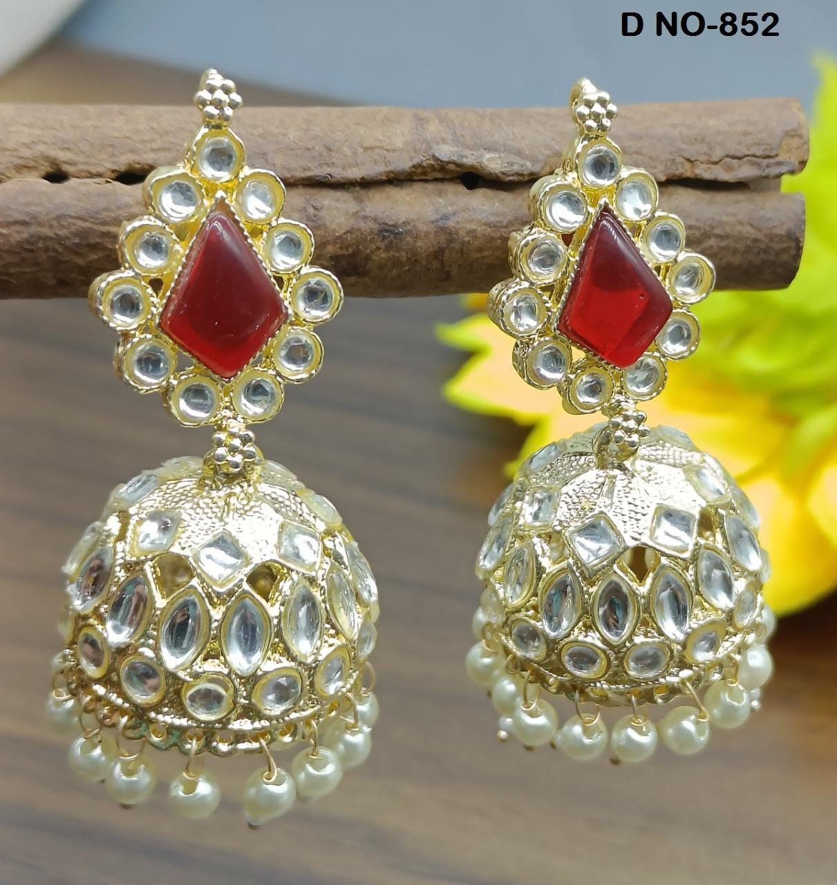 Golden Kundan Jhumki Earring Sku-852 A4 - rchiecreation