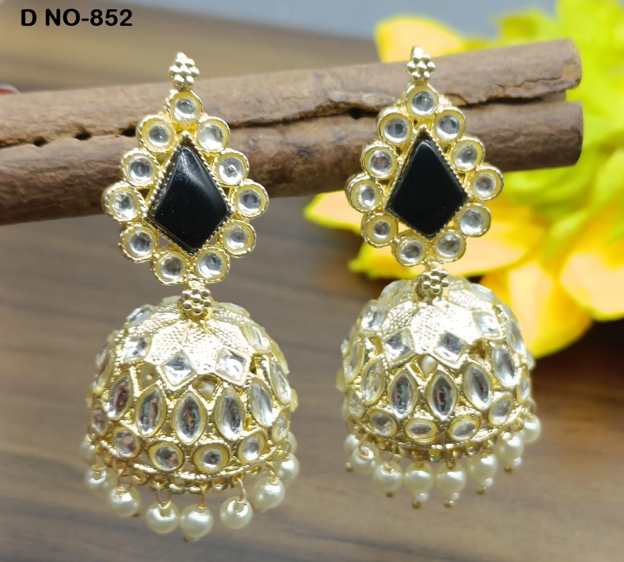 Golden Kundan Jhumki Earring Sku-852 A4 - rchiecreation