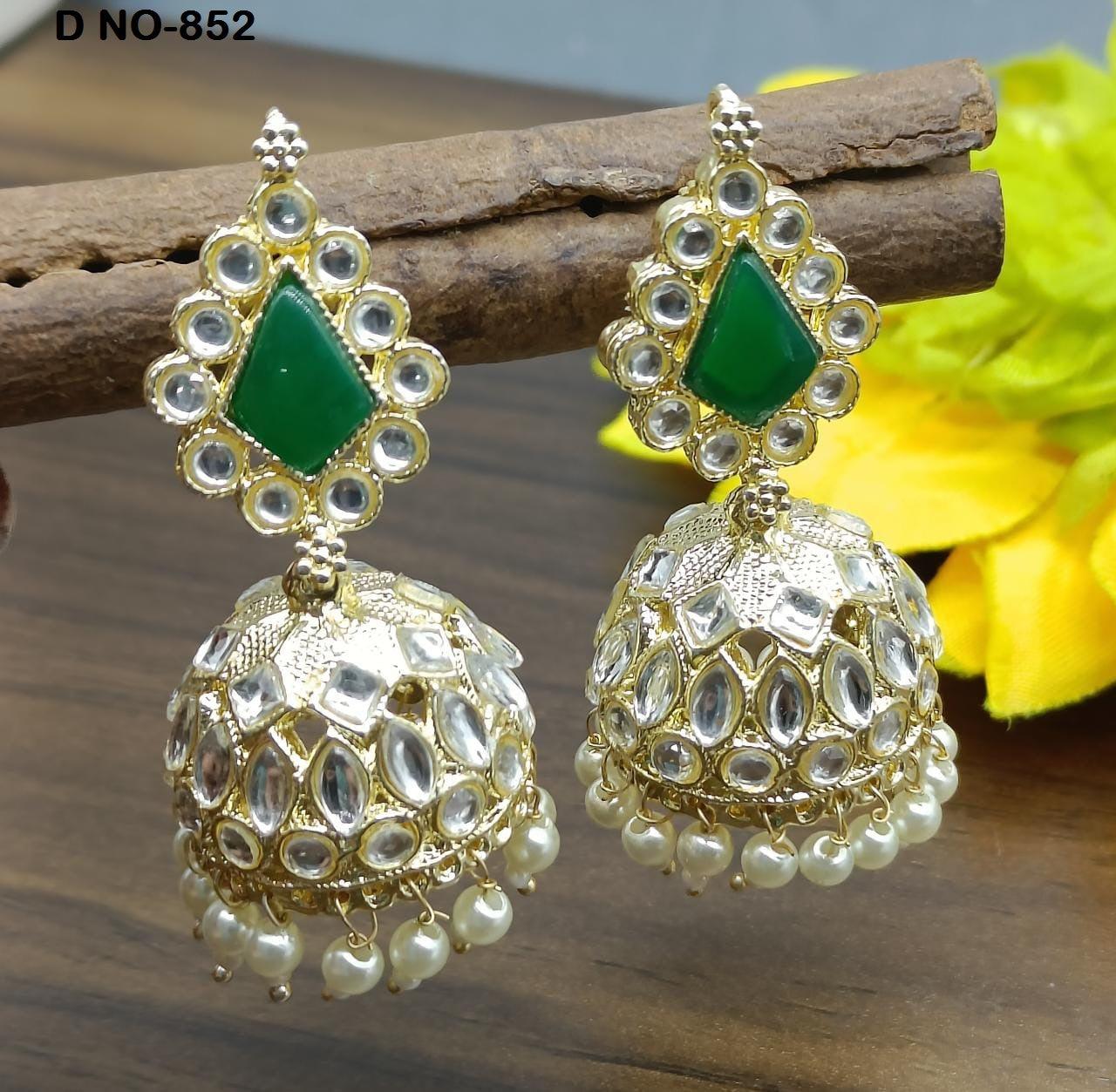 Golden Kundan Jhumki Earring Sku-852 A4 - rchiecreation