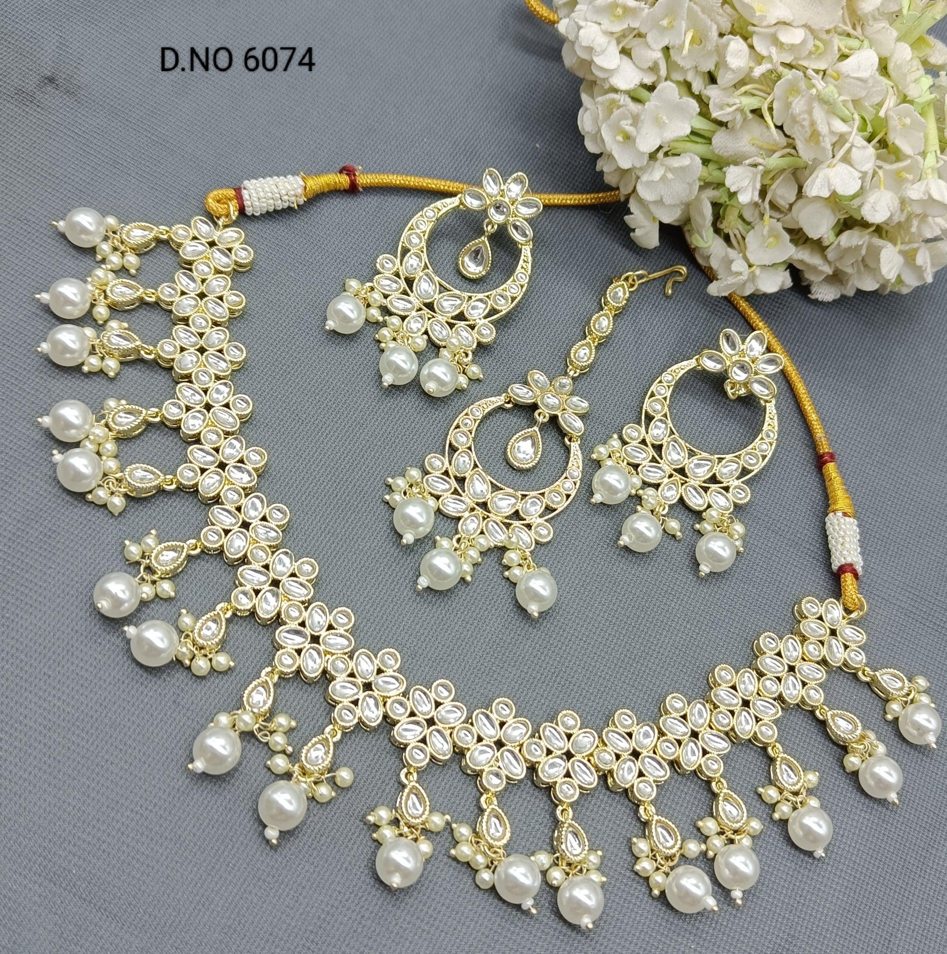 Golden Kundan Necklace Set-6074 B4 - rchiecreation