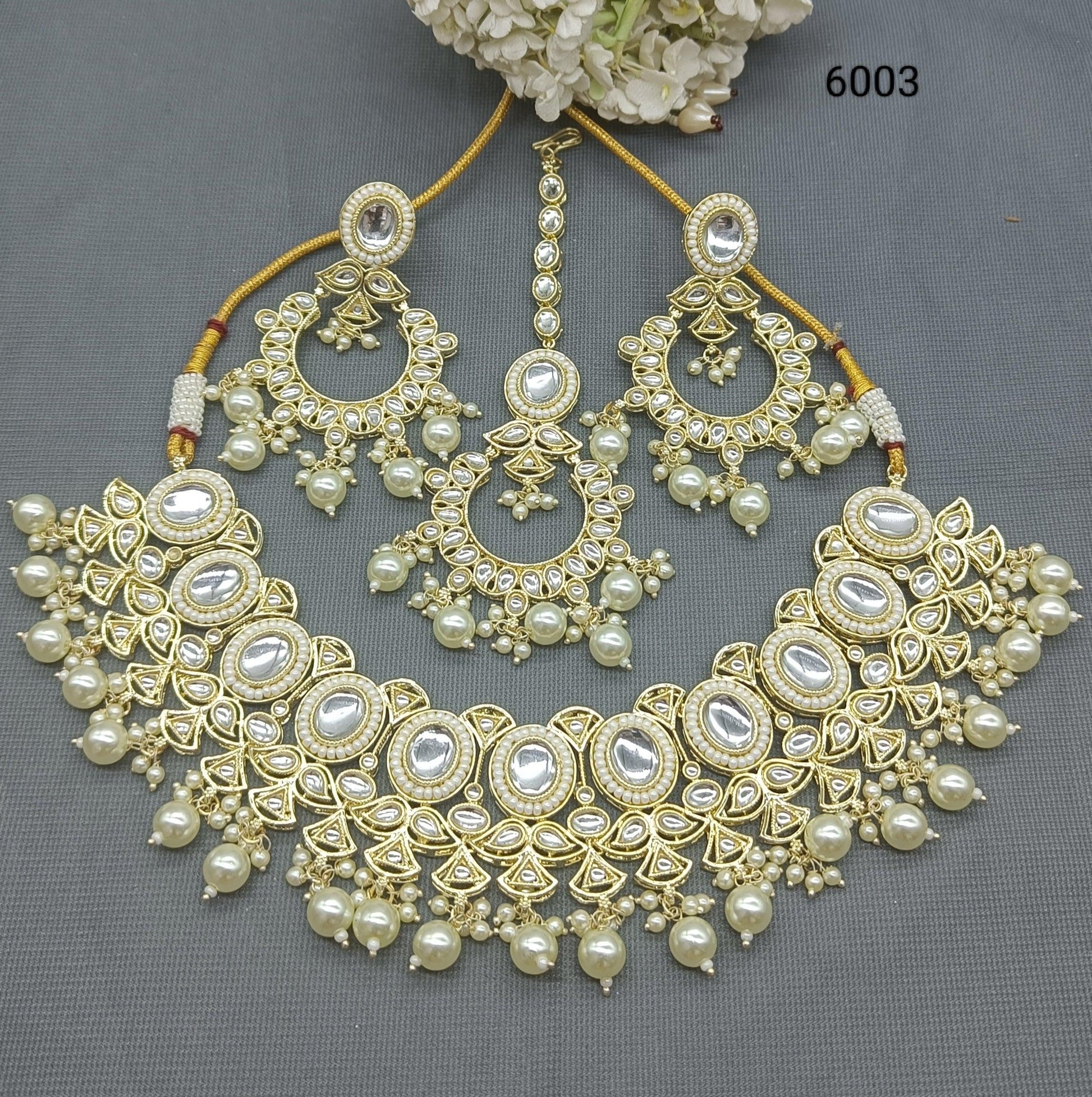 Golden Kundan Necklace Set Sku-6003 B4 - rchiecreation