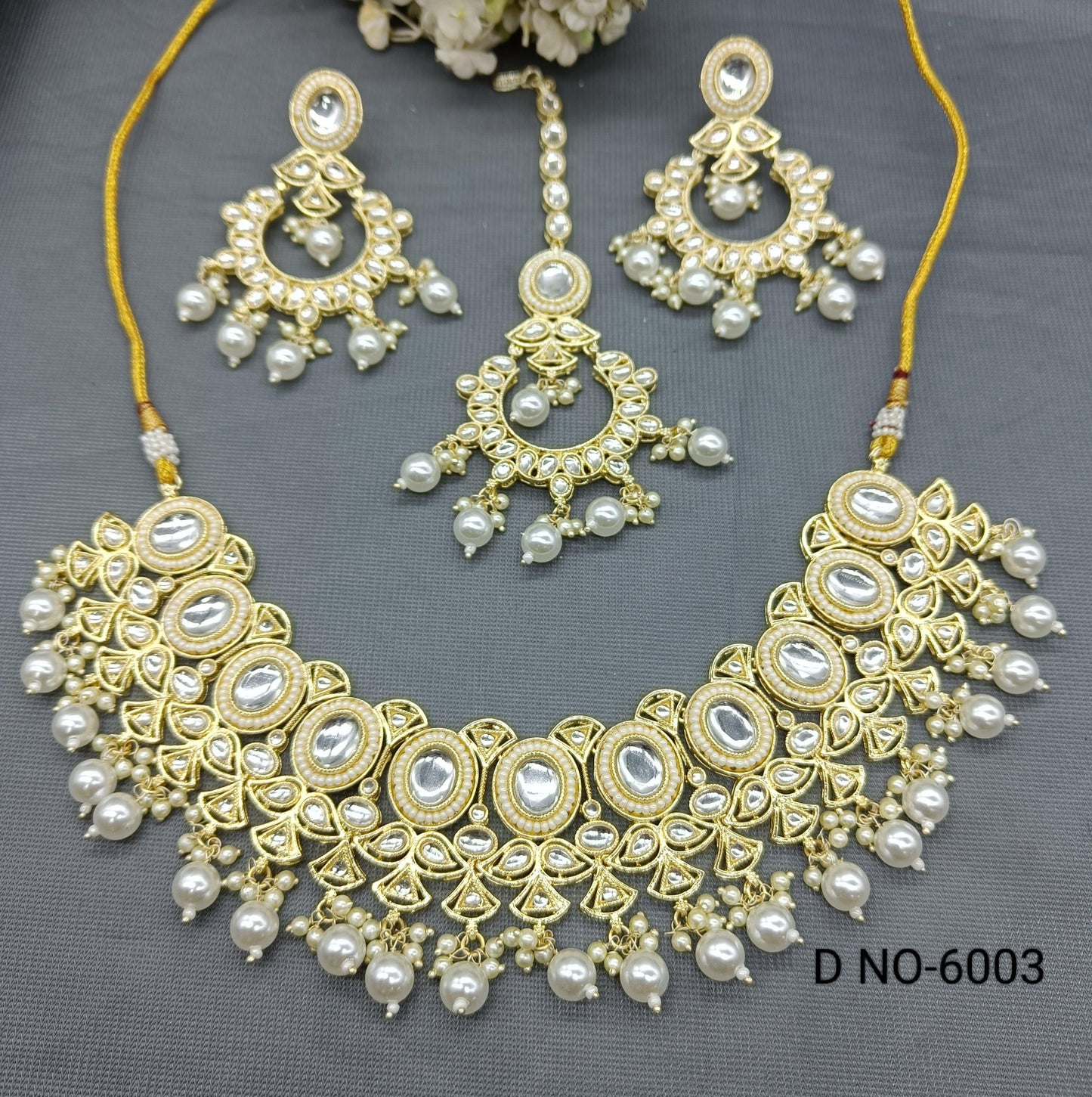 Golden Kundan Necklace Set Sku-6003 B4 - rchiecreation